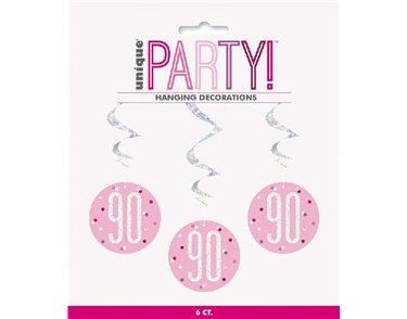 (6) GLITZ PINK 90TH BIRTHDAY SWIRLS