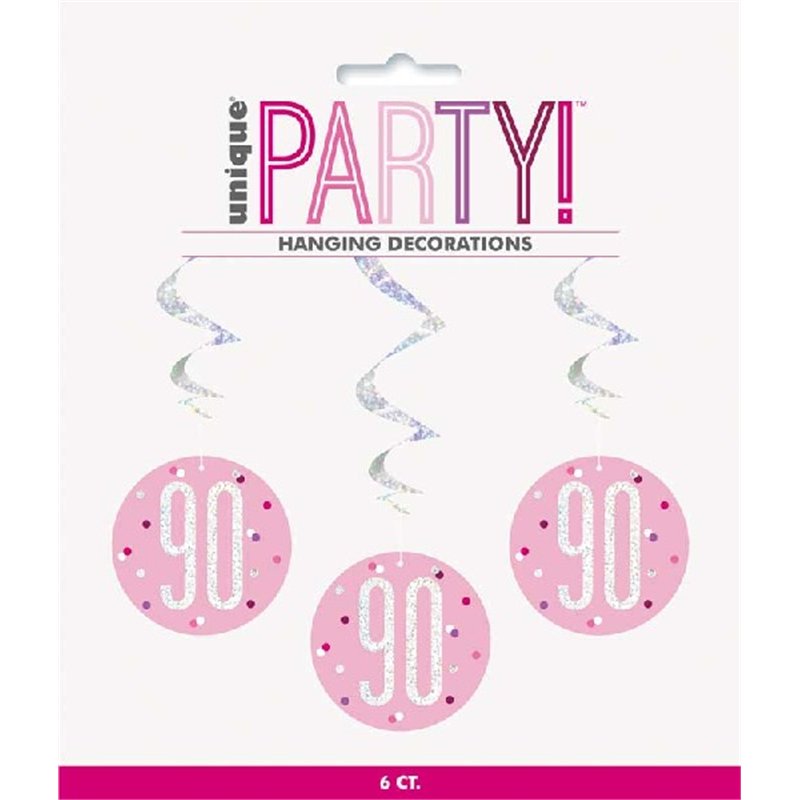 (6) GLITZ PINK 90TH BIRTHDAY SWIRLS