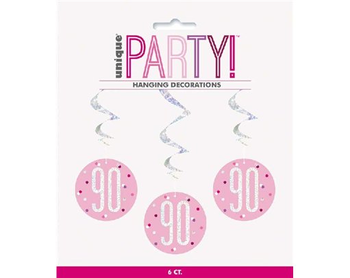 (6) GLITZ PINK 90TH BIRTHDAY SWIRLS