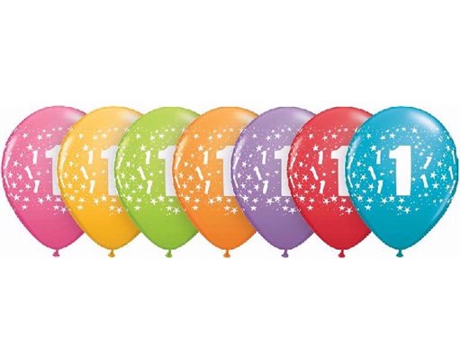 (25) 11IN ASST TROPICAL 1ST BIRTHDAY QUALATEX