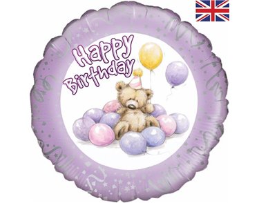 18IN HAPPY B/DAY BEAR LILAC FOIL