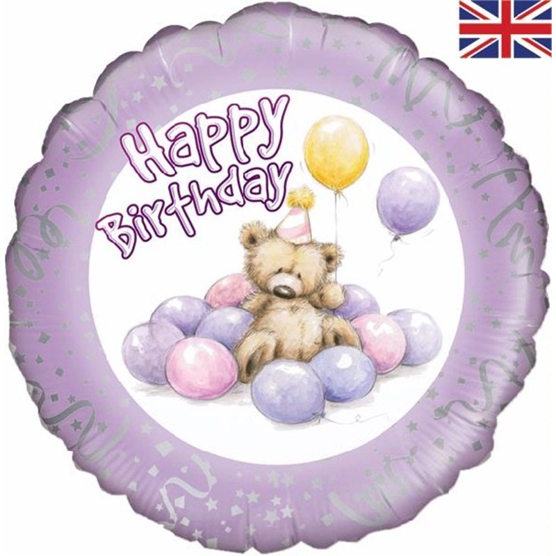 18IN HAPPY B/DAY BEAR LILAC FOIL
