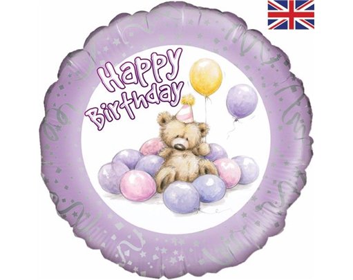 18IN HAPPY B/DAY BEAR LILAC FOIL