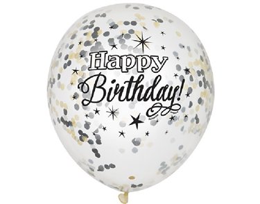 (6) 12IN CLEAR B/DAY CONFETTI BALLOONS