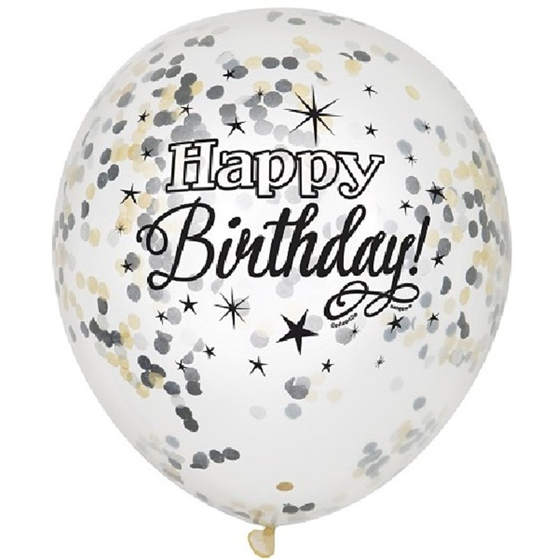 (6) 12IN CLEAR B/DAY CONFETTI BALLOONS