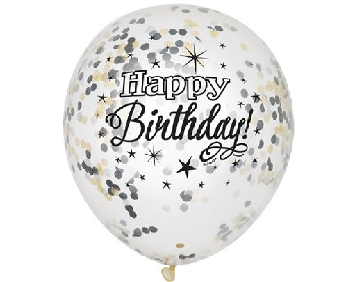 (6) 12IN CLEAR B/DAY CONFETTI BALLOONS