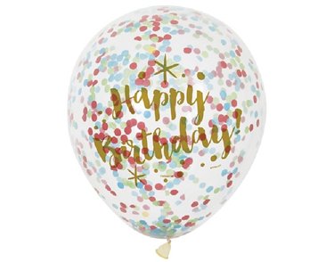 (6) 12IN CLEAR B/DAY CONFETTI BALLOONS