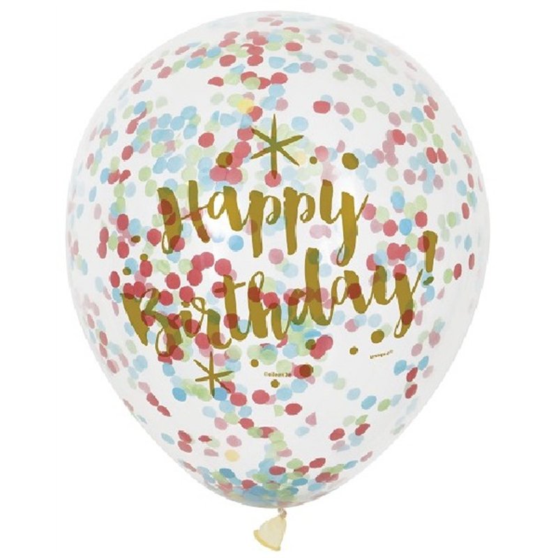 (6) 12IN CLEAR B/DAY CONFETTI BALLOONS
