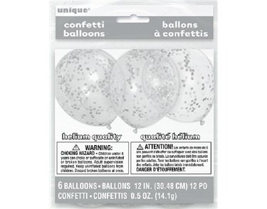 (6) 12IN SILVER CONFETTI CLEAR BALLOONS