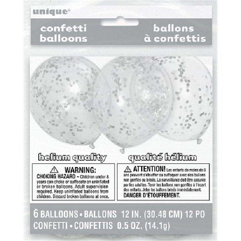 (6) 12IN SILVER CONFETTI CLEAR BALLOONS