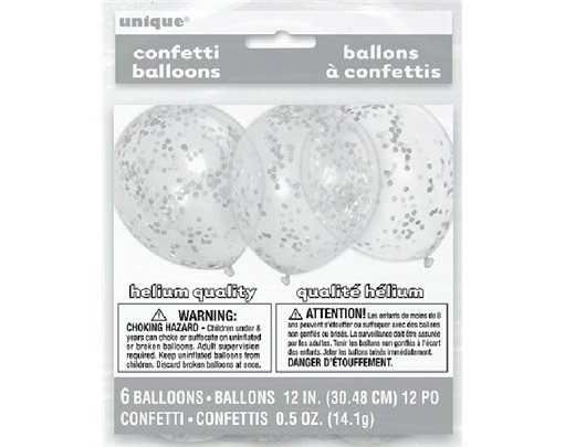 (6) 12IN SILVER CONFETTI CLEAR BALLOONS
