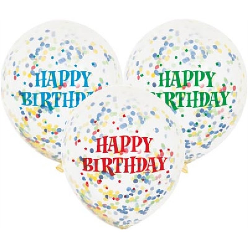 (6) 12IN BRIGHT CONFETTI B/DAY CLEAR BALLOONS