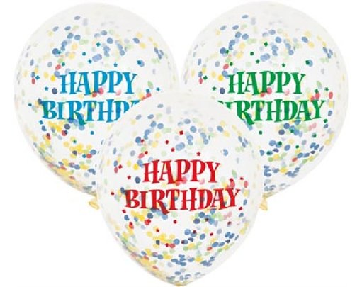 (6) 12IN BRIGHT CONFETTI B/DAY CLEAR BALLOONS