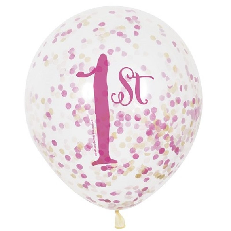 (6) 12IN CLEAR PINK/GOLD 1ST B/DAY BALLOONS