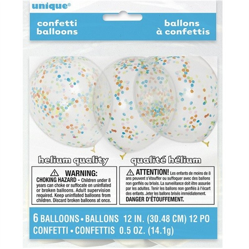 (6) 12IN MULTI CONFETTI CLEAR BALLOONS