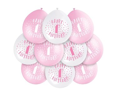 (10) 9IN PINK HAPPY 1ST B/DAY BALLOONS
