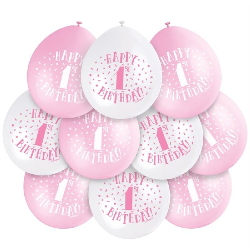 (10) 9IN PINK HAPPY 1ST B/DAY BALLOONS