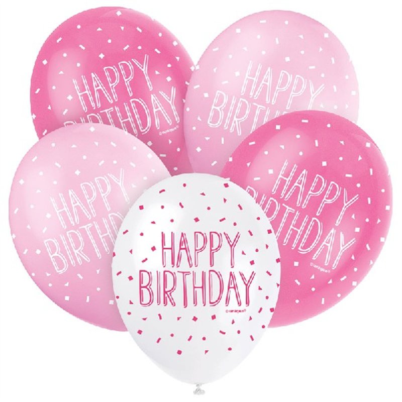 (5) 12IN PINK HAPPY BIRTHDAY BALLOONS
