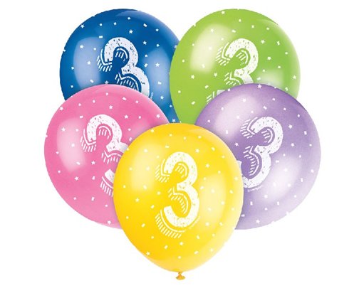 (5) 12IN NUMBER 3 BALLOONS