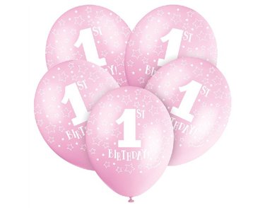 (5) 12IN PINK 1ST BIRTHDAY BALLOONS