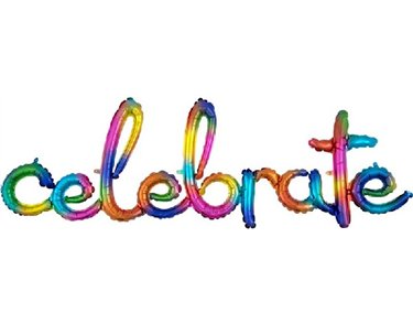 SCRIPT PHRASE CELEBRATE RAINBOW SPLASH FOIL