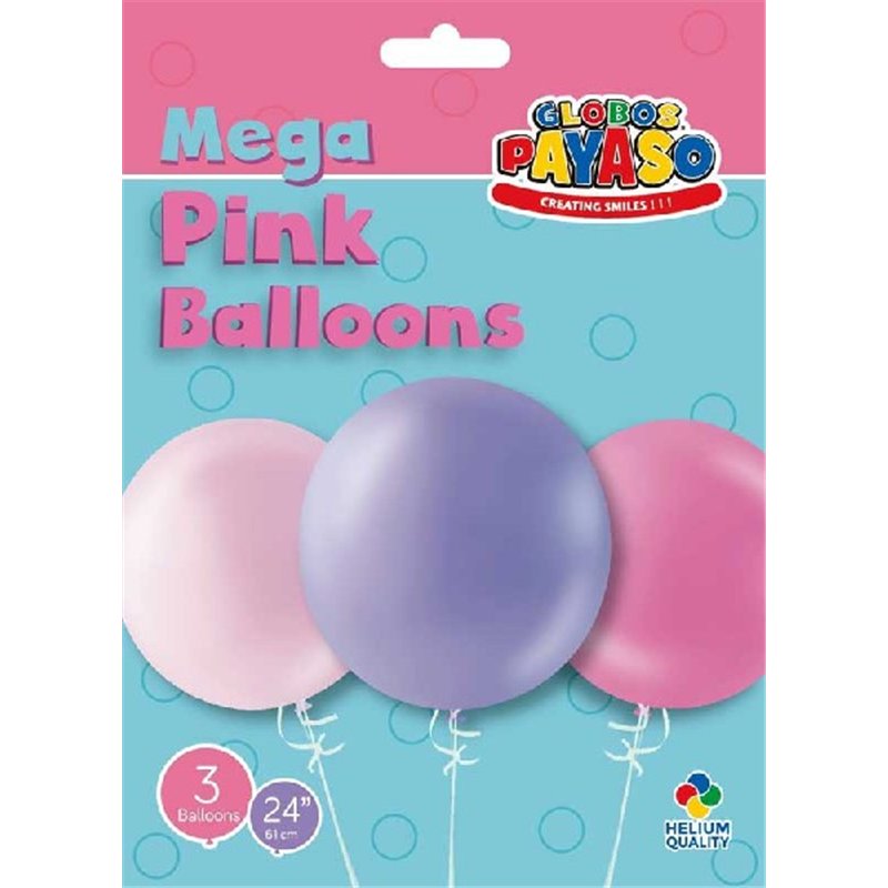 (3) 24in ASST PINK GLOBOS LATEX