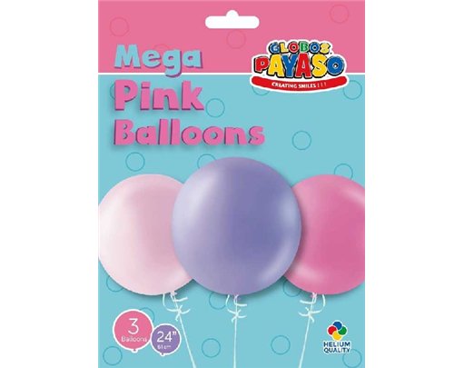 (3) 24in ASST PINK GLOBOS LATEX