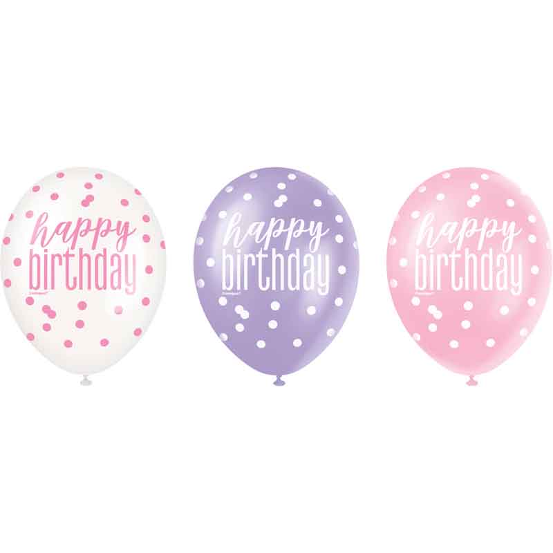 6PK 12in GLITZ PINK HAPPY B/DAY BALLOONS