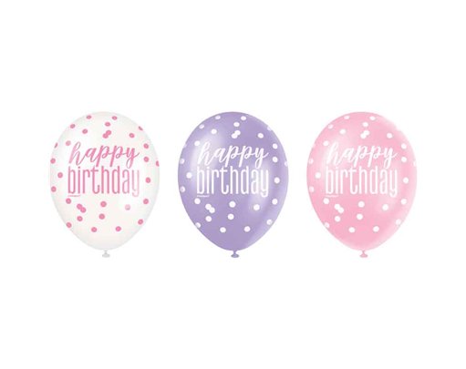 6PK 12in GLITZ PINK HAPPY B/DAY BALLOONS