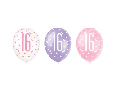6PK 12in GLITZ PINK 16 BALLOONS