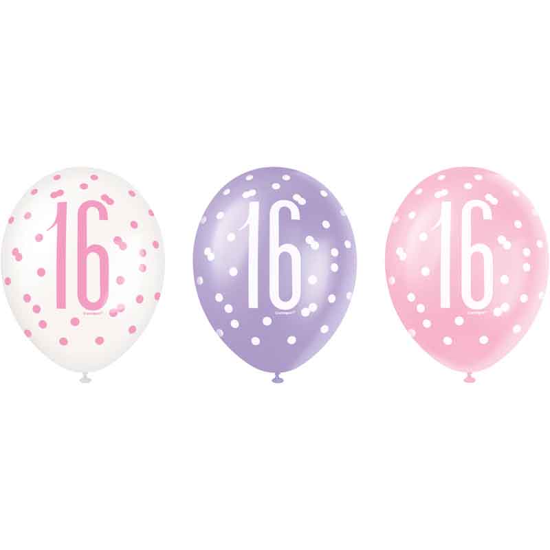 6PK 12in GLITZ PINK 16 BALLOONS