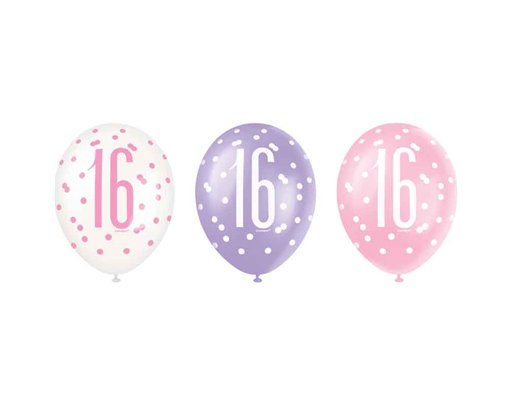 6PK 12in GLITZ PINK 16 BALLOONS