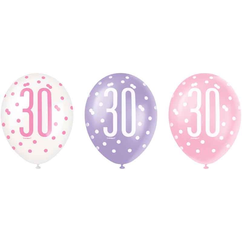 6PK 12in GLITZ PINK 30 BALLOONS