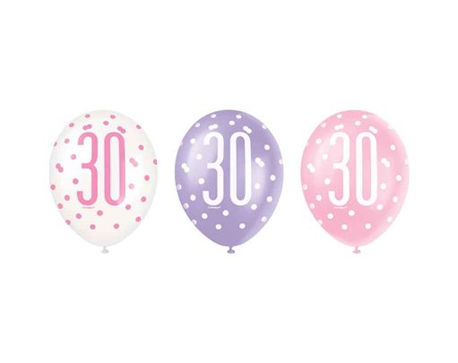 6PK 12in GLITZ PINK 30 BALLOONS