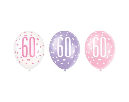 6PK 12in GLITZ PINK 60 BALLOONS