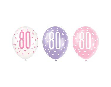 6PK 12in GLITZ PINK 80 BALLOONS