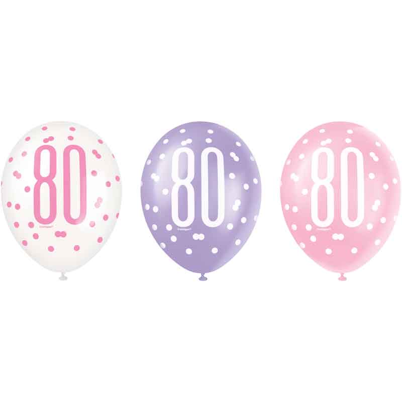 6PK 12in GLITZ PINK 80 BALLOONS