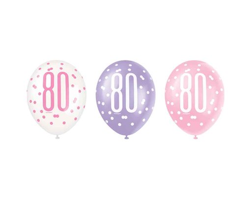 6PK 12in GLITZ PINK 80 BALLOONS