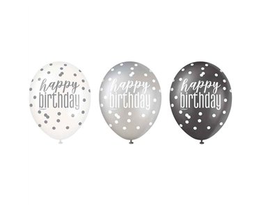 (6) 12in BLACK GLITZ HAPPY B/DAY BALLOONS
