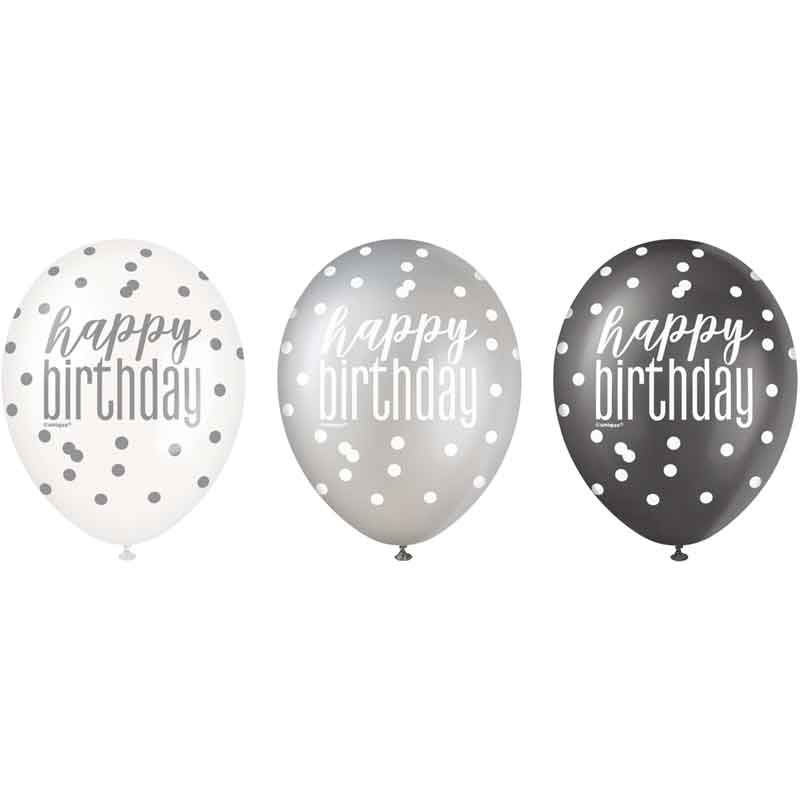 (6) 12in BLACK GLITZ HAPPY B/DAY BALLOONS