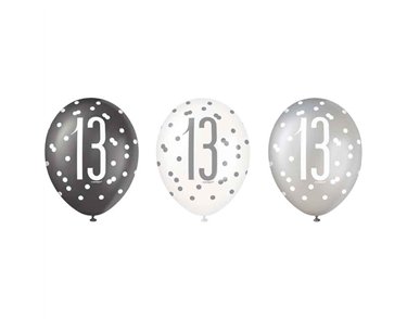(6) 12in BLACK GLITZ 13 BALLOONS