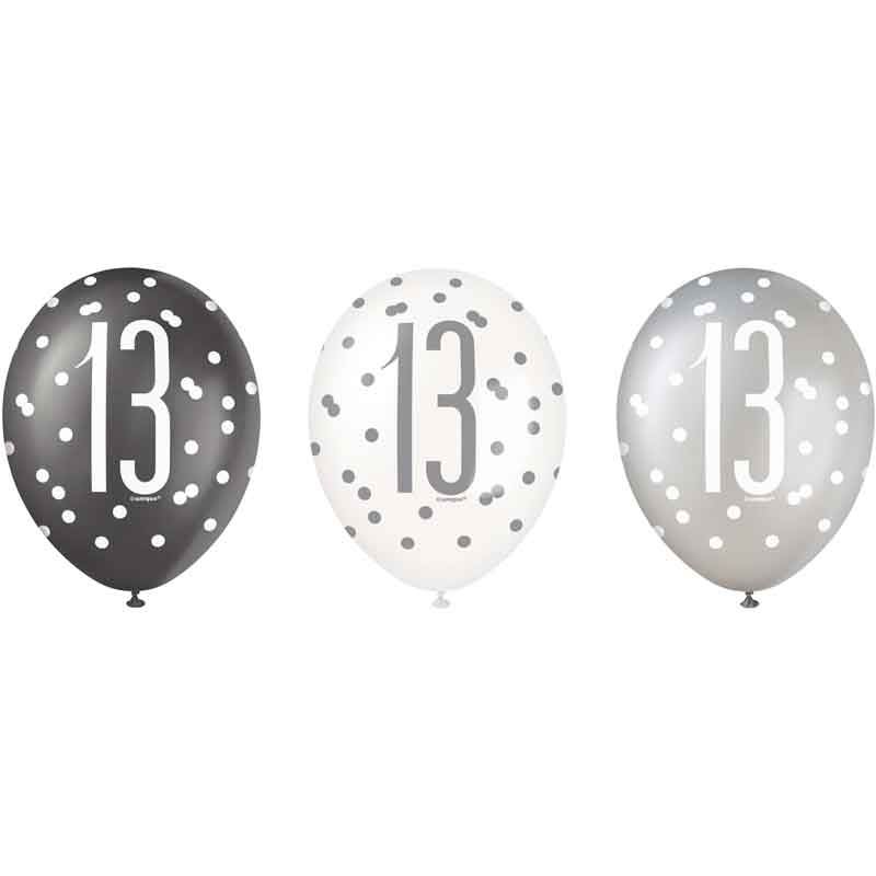 (6) 12in BLACK GLITZ 13 BALLOONS