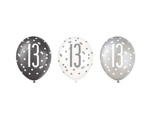 (6) 12in BLACK GLITZ 13 BALLOONS