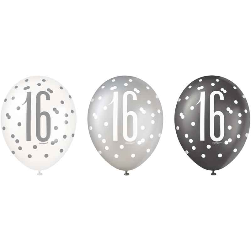 (6) 12in BLACK GLITZ 16 BALLOONS