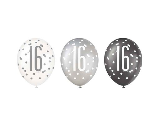 (6) 12in BLACK GLITZ 16 BALLOONS