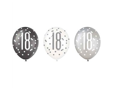 (6) 12in BLACK GLITZ 18 BALLOONS