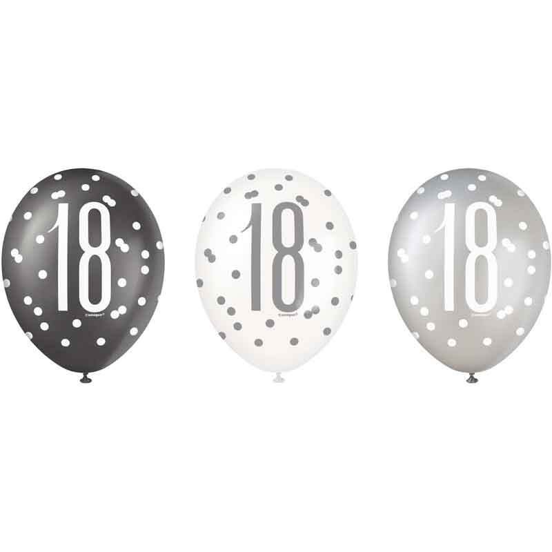 (6) 12in BLACK GLITZ 18 BALLOONS