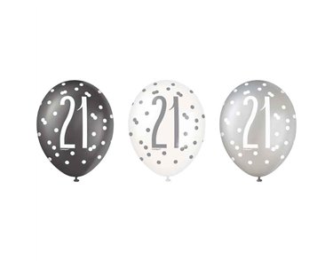 (6) 12in BLACK GLITZ 21 BALLOONS