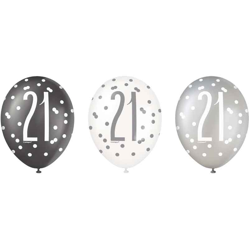 (6) 12in BLACK GLITZ 21 BALLOONS