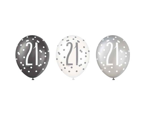 (6) 12in BLACK GLITZ 21 BALLOONS